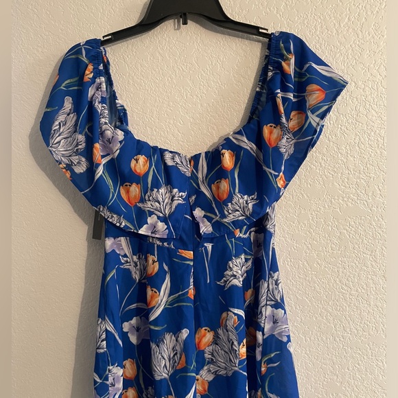 Lulus Waimea Royal Blue Floral Print Off-the-Shoulder Romper size medium - Picture 4 of 7
